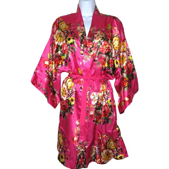 New Ms Lovely Hot Pink Floral Satin Kimono Robe M/L Knee Length Pockets Belted - Picture 8 of 16